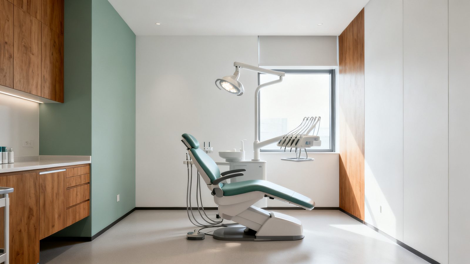 An empty modern dental hygiene room with a reclined chair and soft daylight