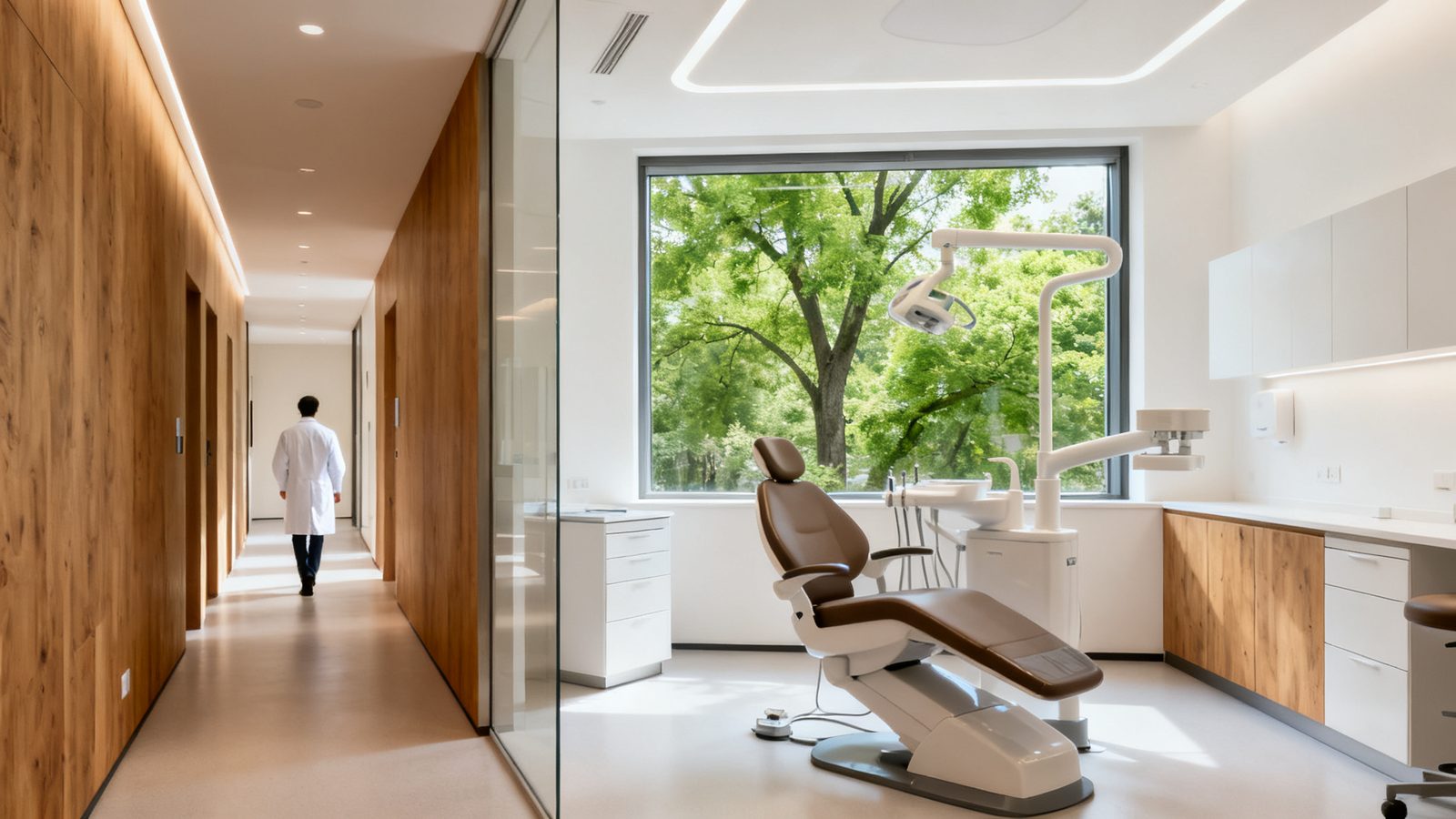 A bright modern dental treatment room with a large window, with a dentist walking down the hallway in the distance