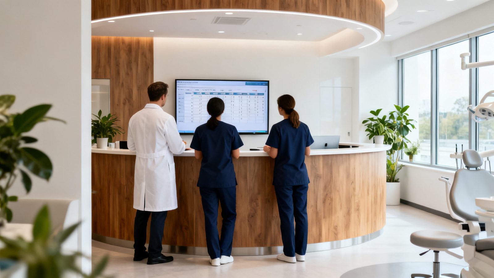 A dentist and two team members seen from behind at a curved front desk in a modern dental practice