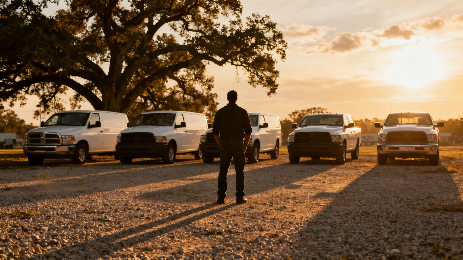 A business owner seen from behind at sunset, facing a row of white service trucks in a gravel yard under live oak trees
