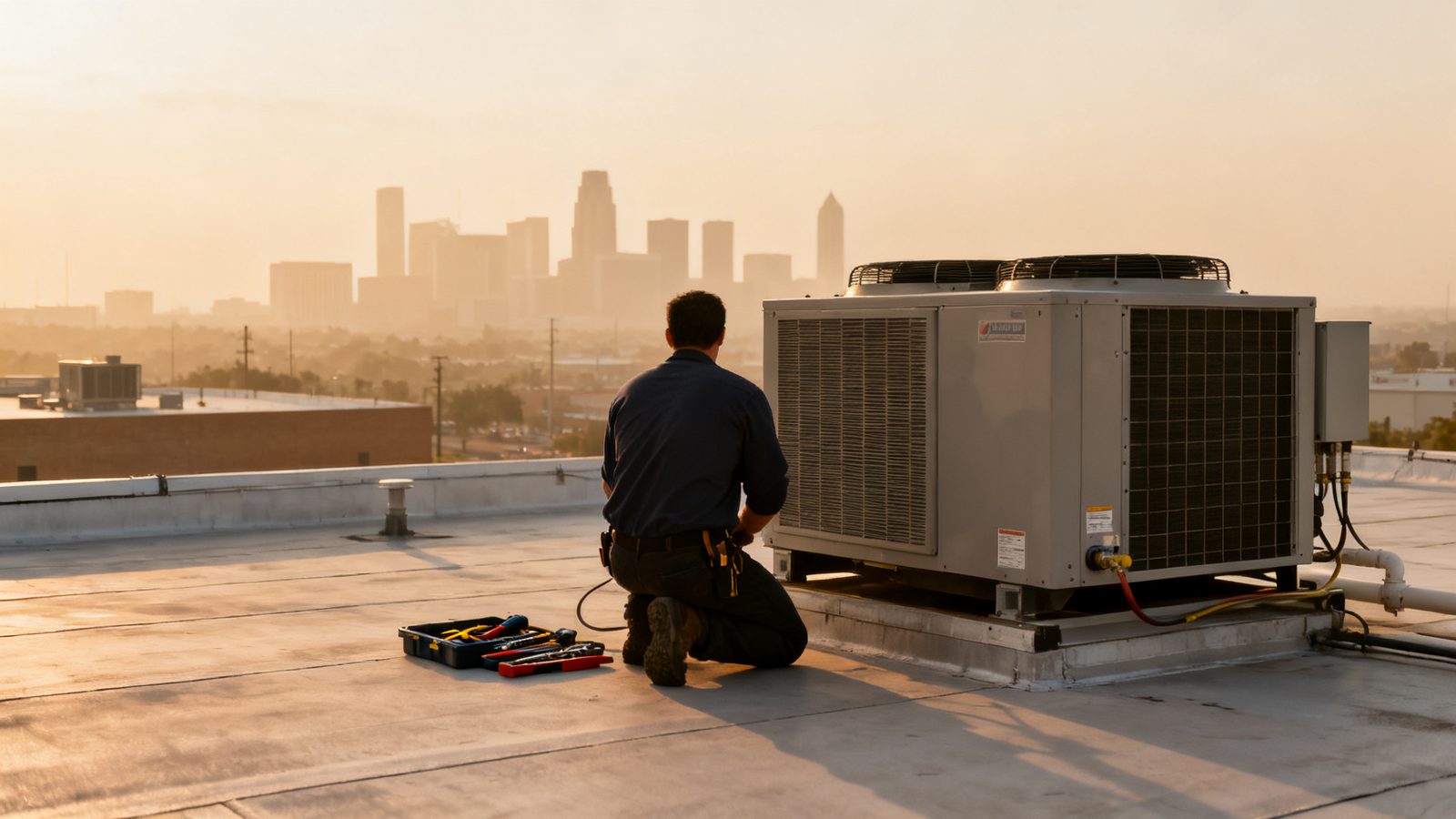 A technician kneeling at a commercial rooftop air conditioning unit with a city skyline in the distance