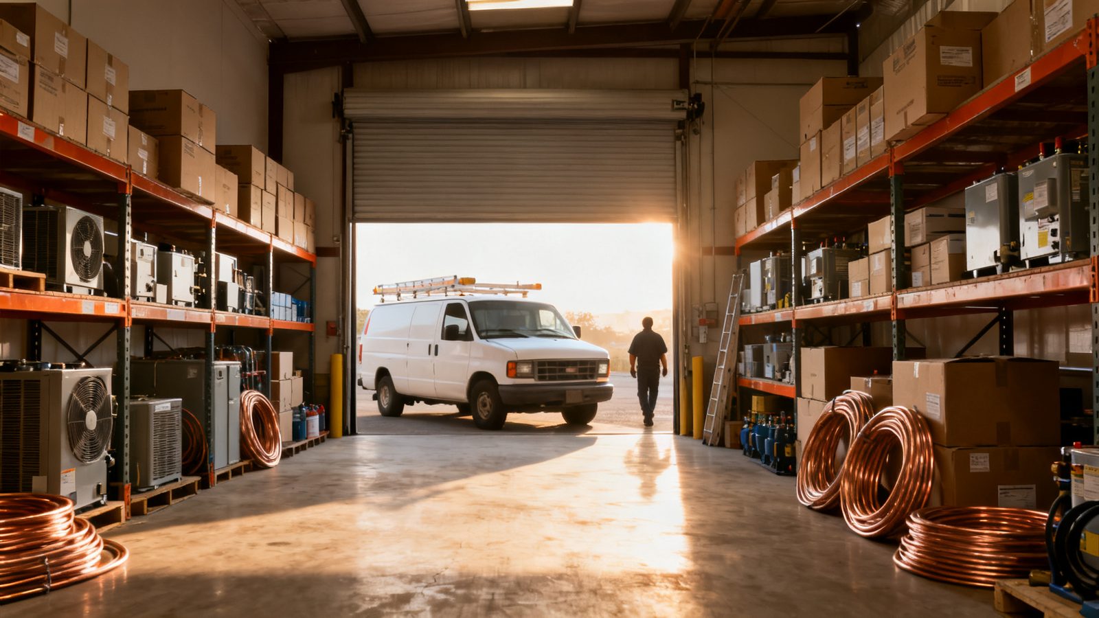 An organized HVAC warehouse with boxed equipment, copper line sets and a white service van at the open bay door